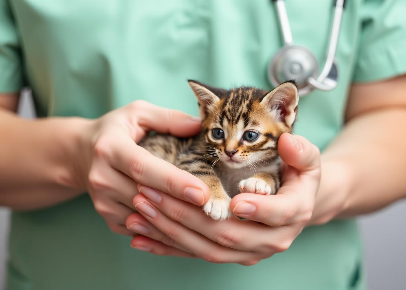 Mains d'une vétérinaire tenant délicatement un chaton — Be My Vet Casablanca