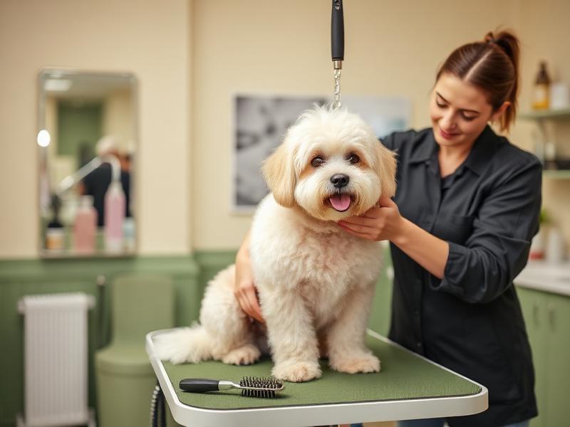Toiletteuse s'occupant gentiment d'un chien